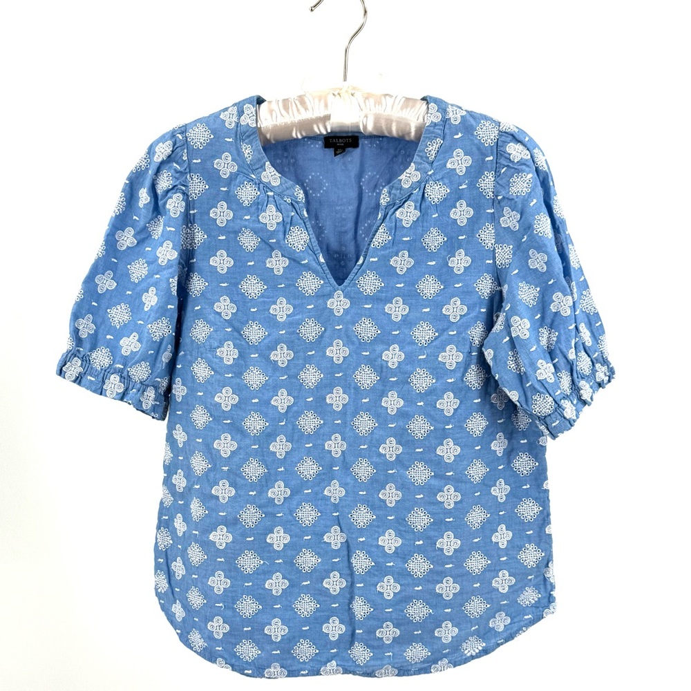 Talbots Blue White Embroidered Eyelet Short Puff Sleeve Top Size Petite Small